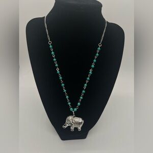 Silver-Tone Fashion Necklace Elephant‎ Pendant Acrylic Turquoise Colored Beads